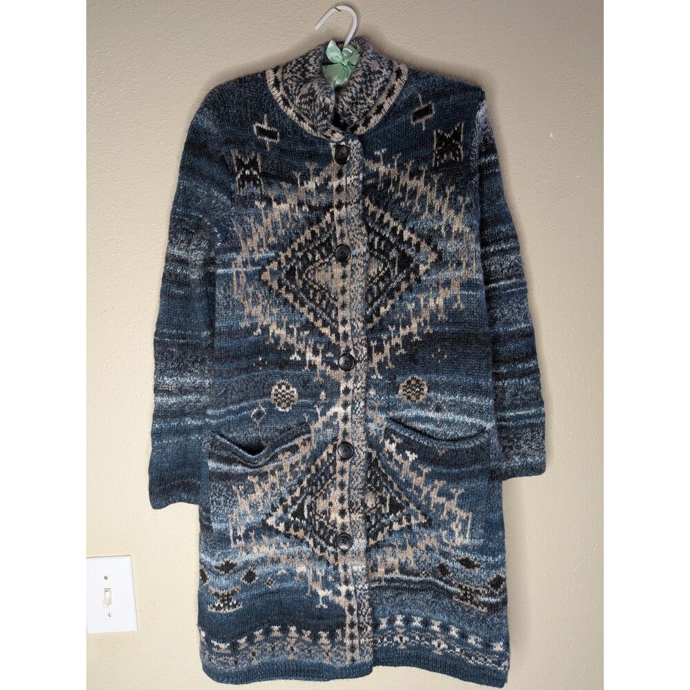 J.Jill XS Long Cardigan Sweater Blue Fair Isle Southwestern Wool Blend Coatigan